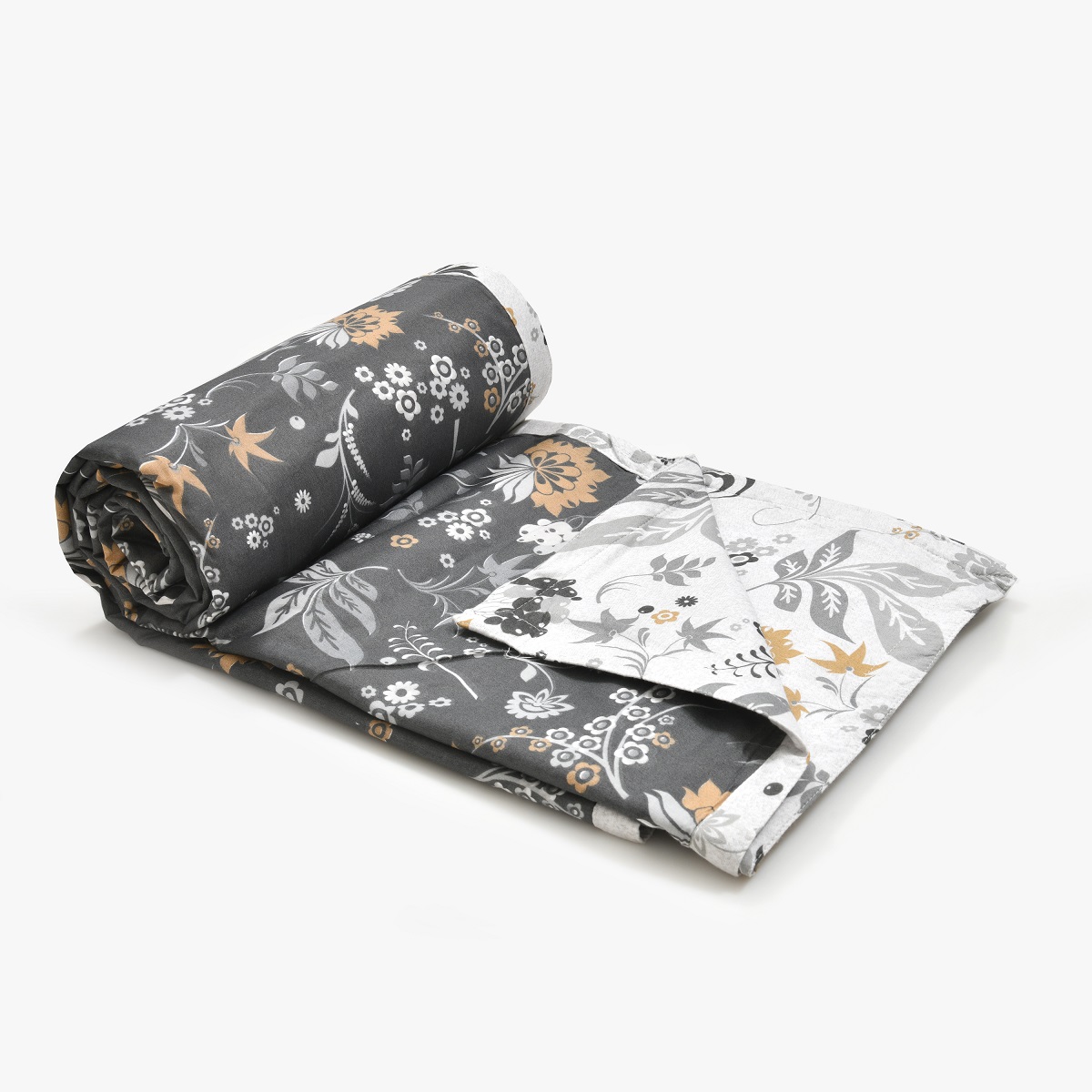 Flowery Spring Grey and Off White Dohar and Bedsheet Combo