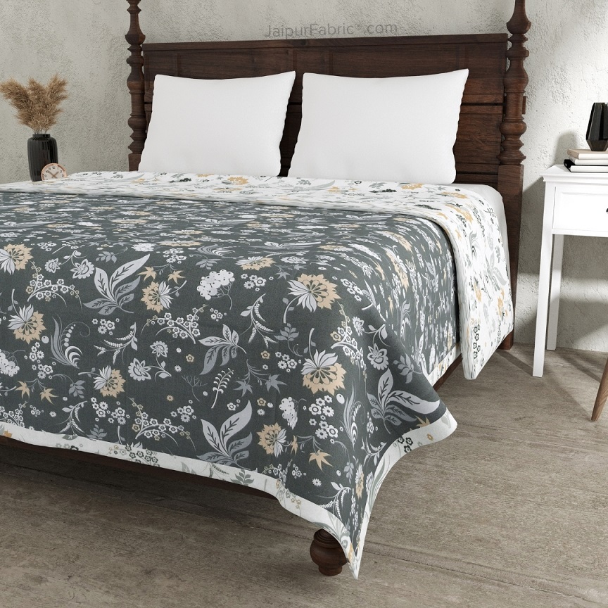 Flowery Spring Grey and Off White Dohar and Bedsheet Combo