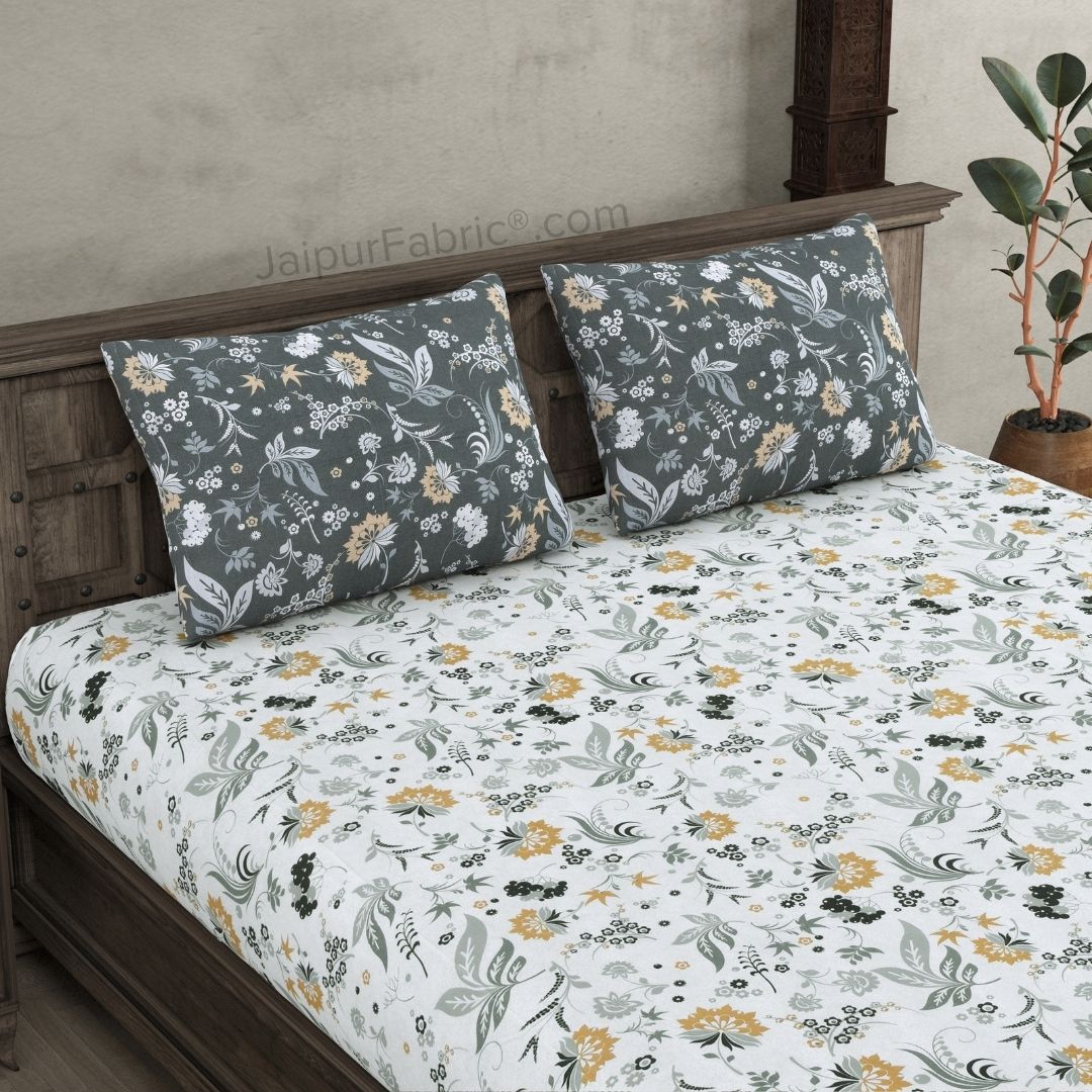 Flowery Spring Grey and Off White Dohar and Bedsheet Combo