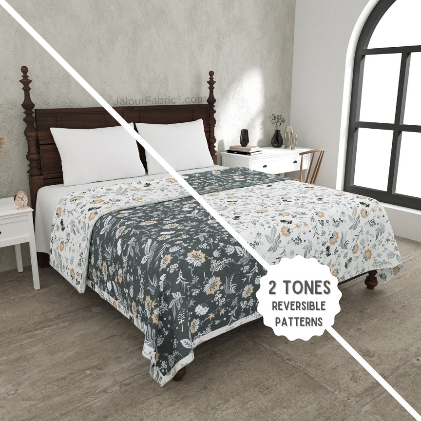 Flowery Spring Grey and Off White Dohar and Bedsheet Combo