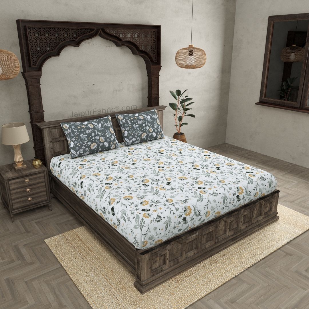 Flowery Spring Grey and Off White Dohar and Bedsheet Combo