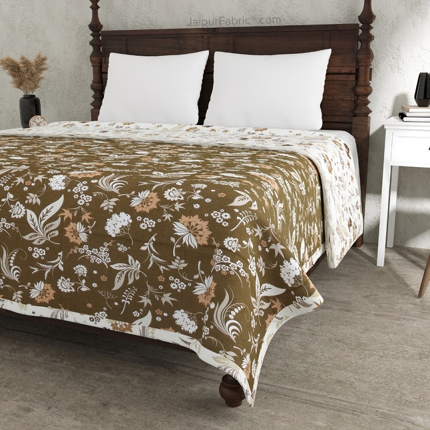 Flowery Spring Sandy Brown and Off White Dohar and Bedsheet Combo