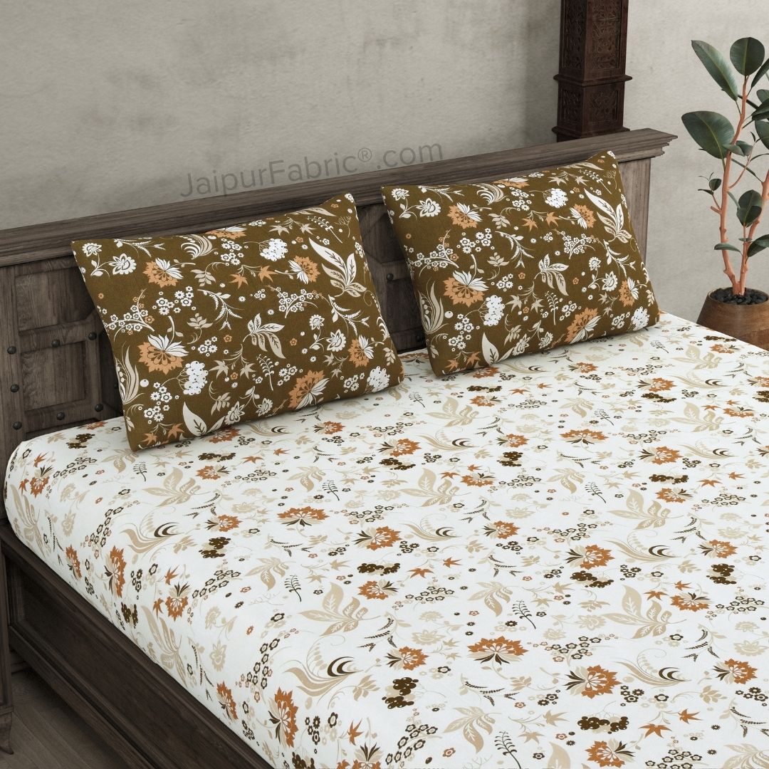 Flowery Spring Sandy Brown and Off White Dohar and Bedsheet Combo