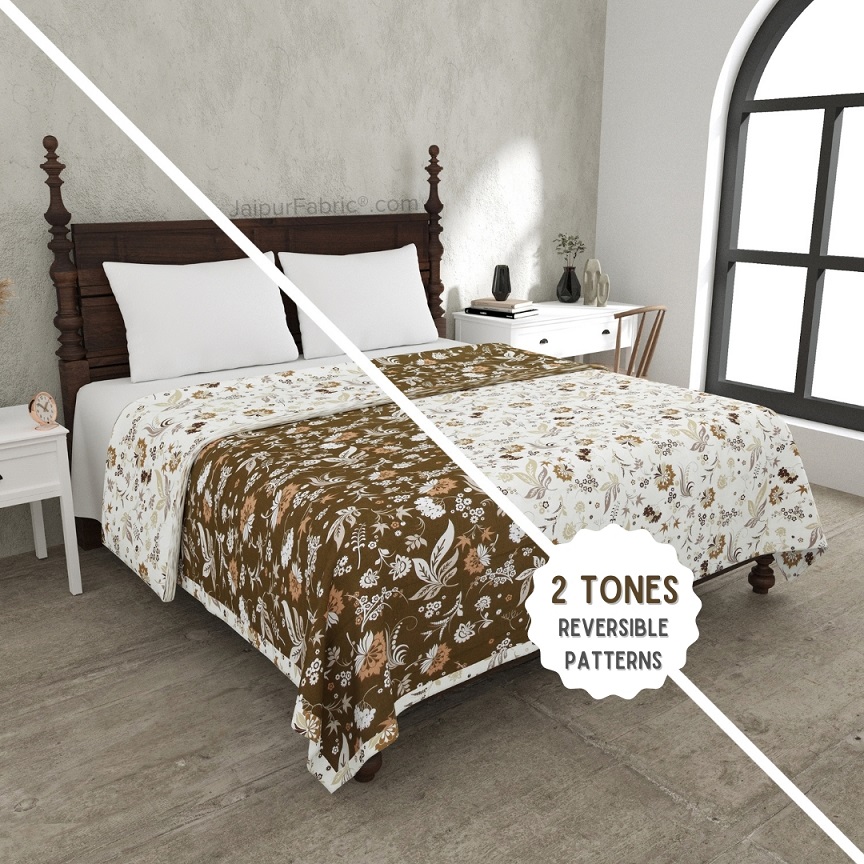 Flowery Spring Sandy Brown and Off White Dohar and Bedsheet Combo