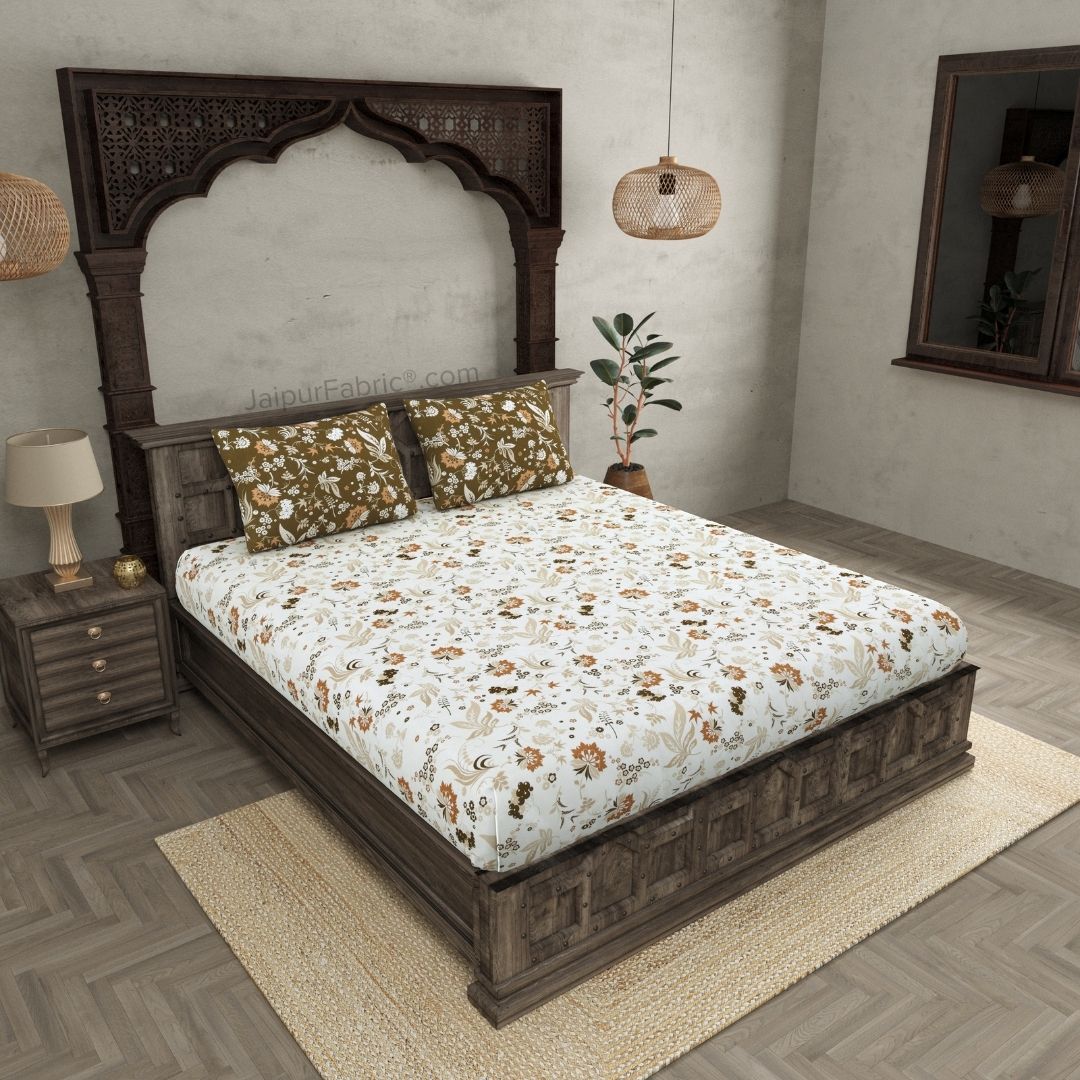 Flowery Spring Sandy Brown and Off White Dohar and Bedsheet Combo