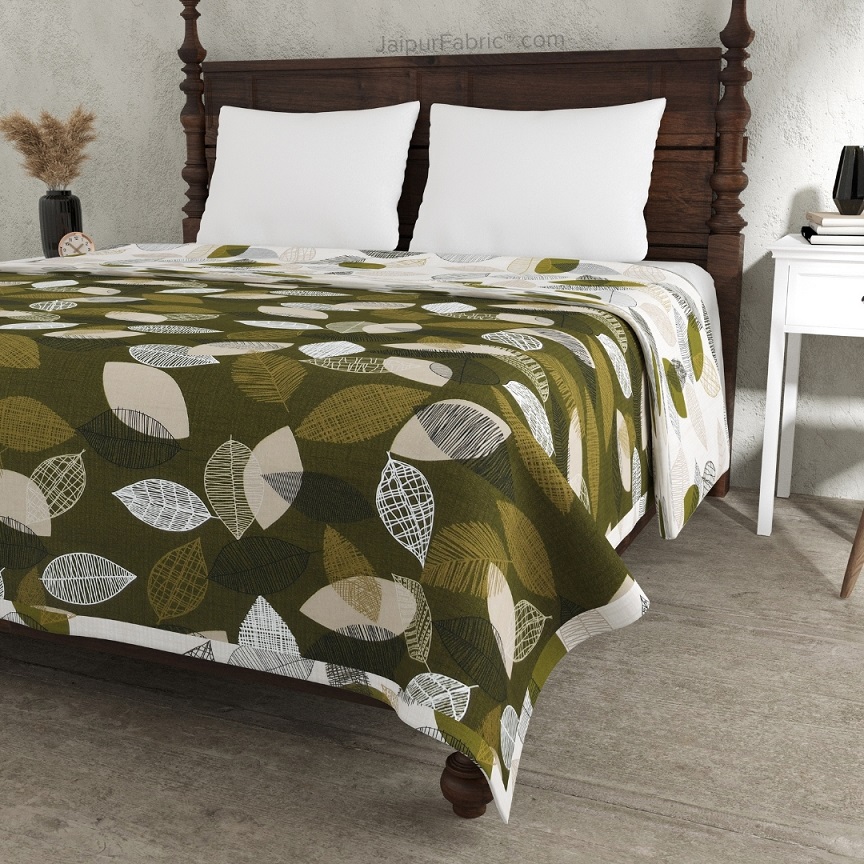 Autumn Fall Green and Off White Dohar and Bedsheet Combo