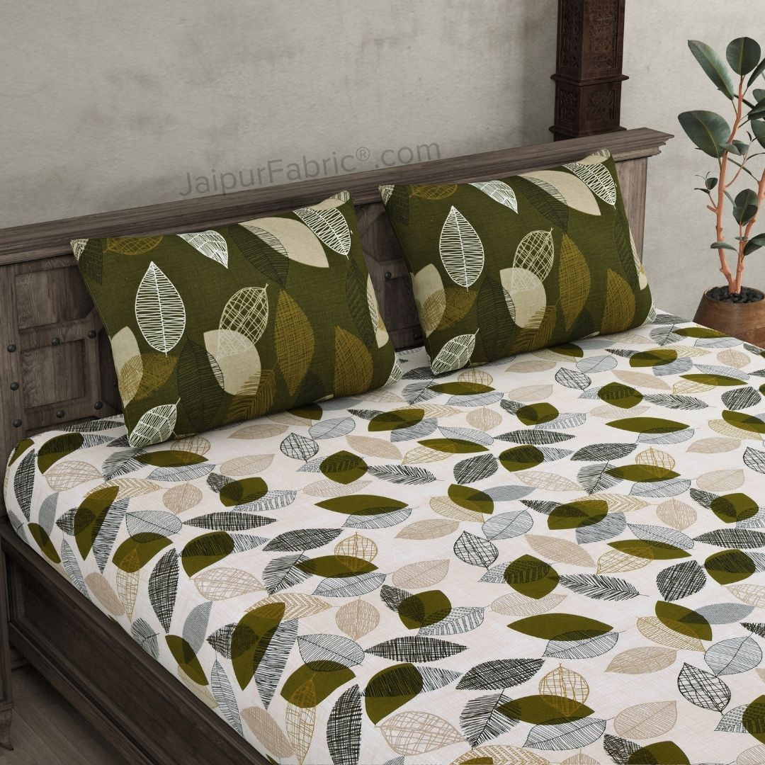 Autumn Fall Green and Off White Dohar and Bedsheet Combo