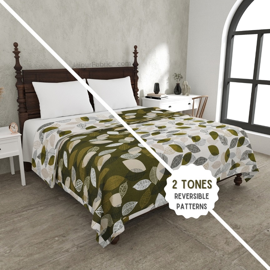 Autumn Fall Green and Off White Dohar and Bedsheet Combo