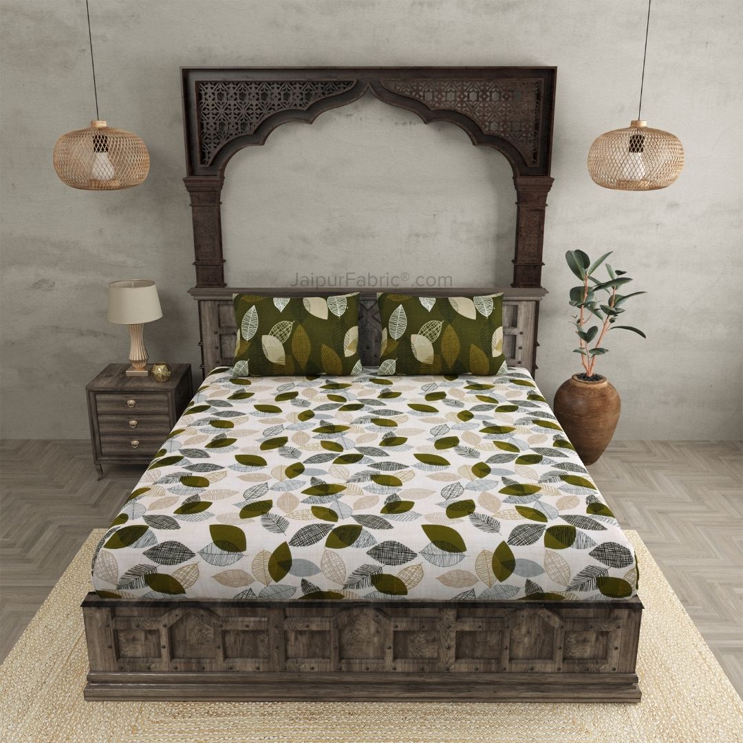 Autumn Fall Green and Off White Dohar and Bedsheet Combo