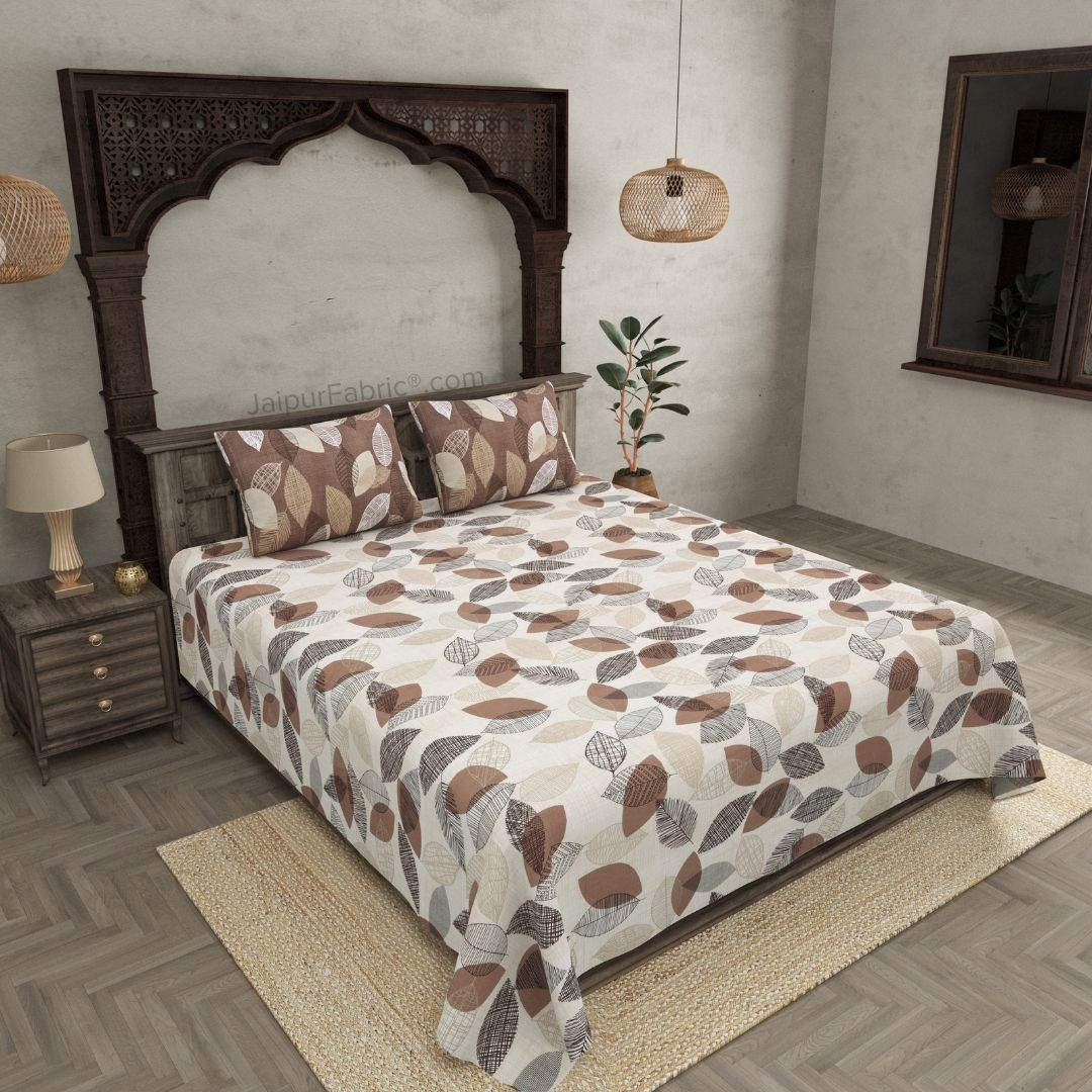 Autumn Fall Brown and Off White Dohar and Bedsheet Combo