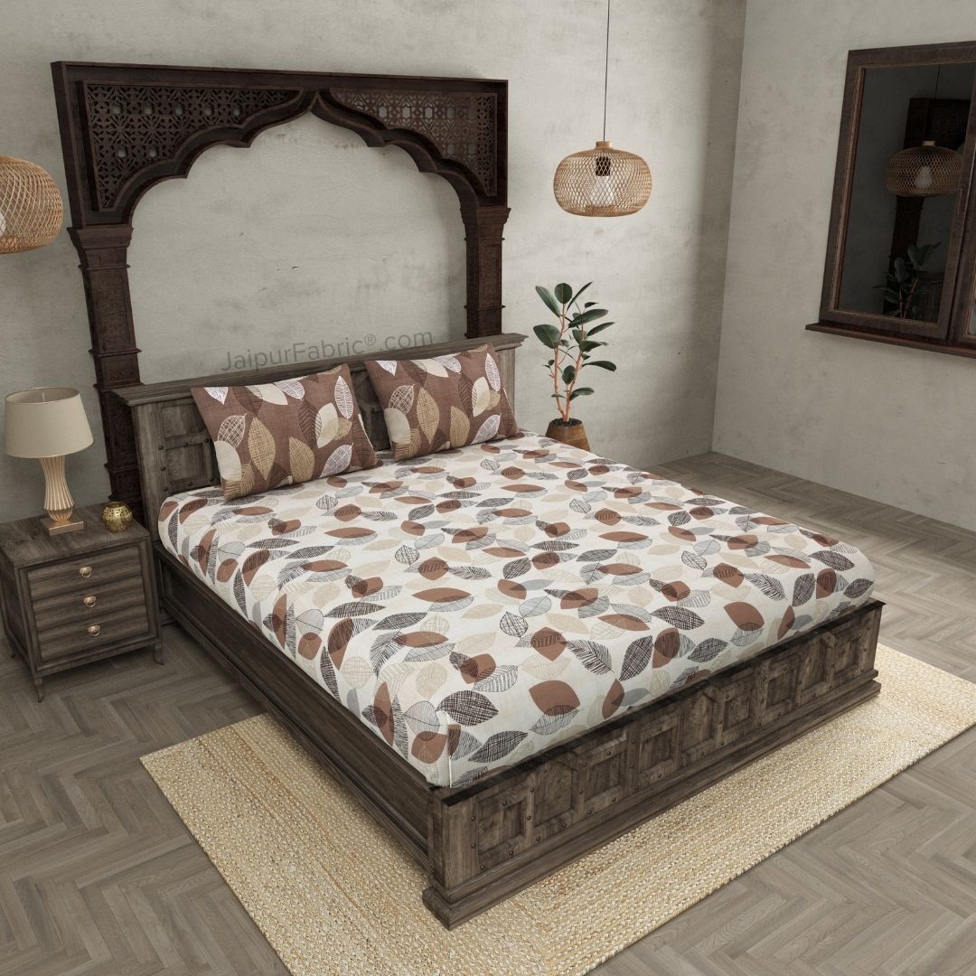 Autumn Fall Brown and Off White Dohar and Bedsheet Combo