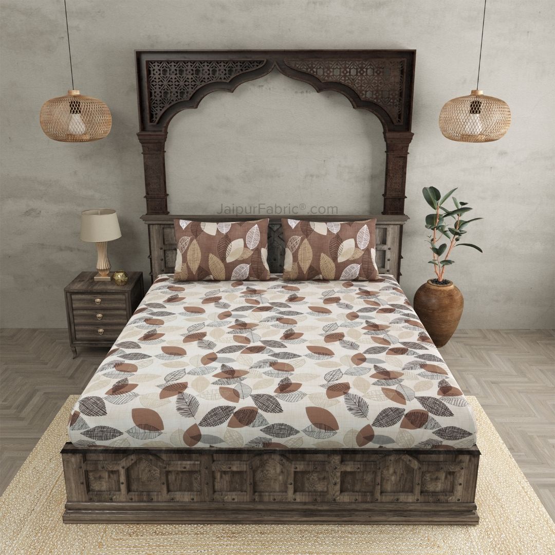 Autumn Fall Brown and Off White Dohar and Bedsheet Combo