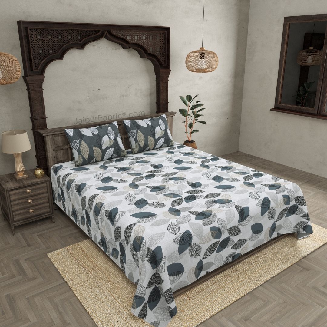 Autumn Fall Grey and Off White Dohar and Bedsheet Combo