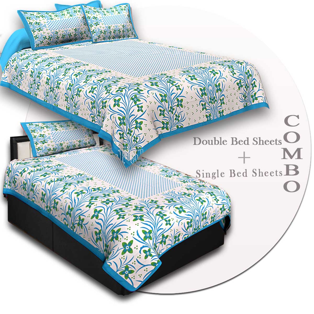 COMBO48- Set of 1 Double Bedsheet and  1 Single Bedsheet With  2+1 Pillow Cover