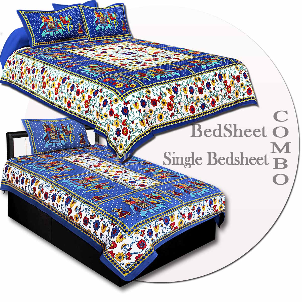 COMBO71- Set of 1 Double Bedsheet and  1 Single Bedsheet With  2+1 Pillow Cover