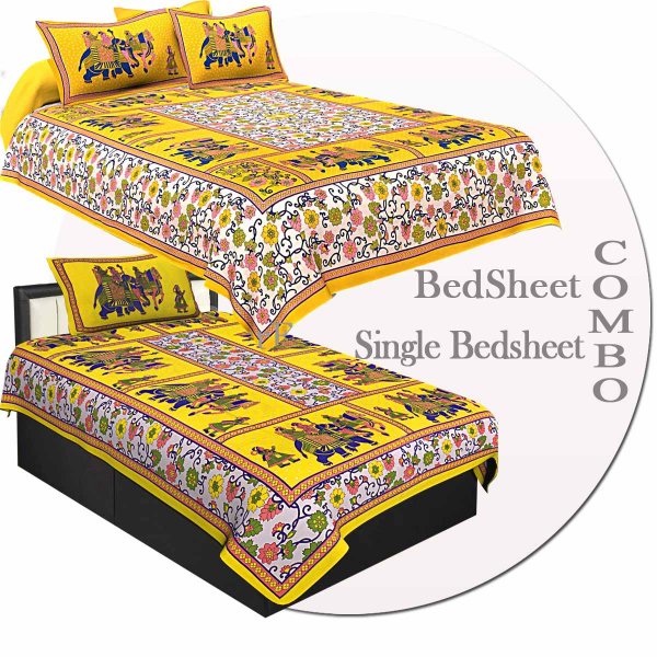 COMBO73- Set of 1 Double Bedsheet and  1 Single Bedsheet With  2+1 Pillow Cover