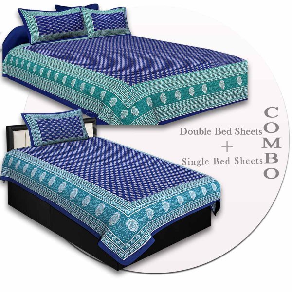 COMBO75- Set of 1 Double Bedsheet and  1 Single Bedsheet With  2+1 Pillow Cover