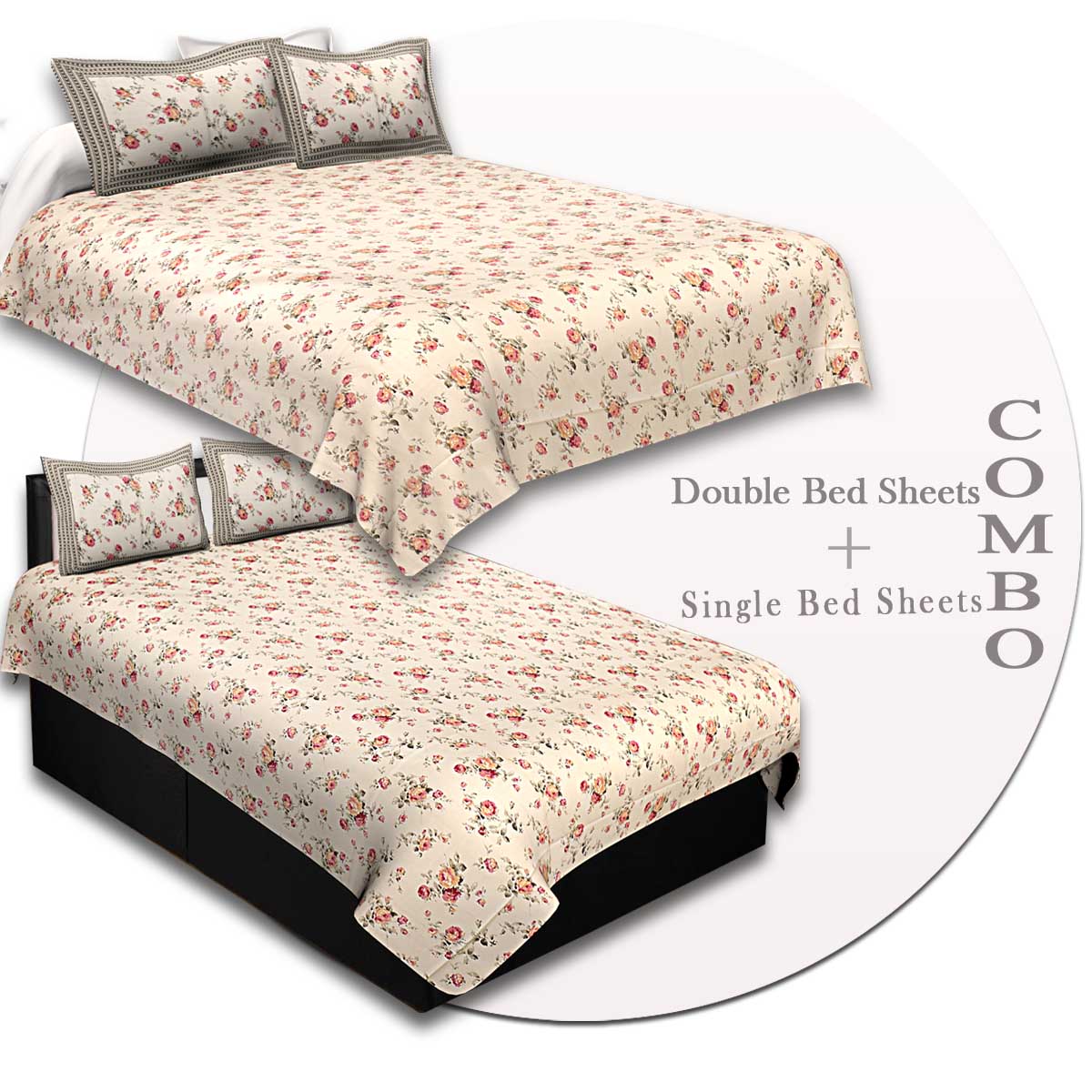 COMBO85- Set of 1 Double Bedsheet and  1 Single Bedsheet With  2+2 Pillow Cover