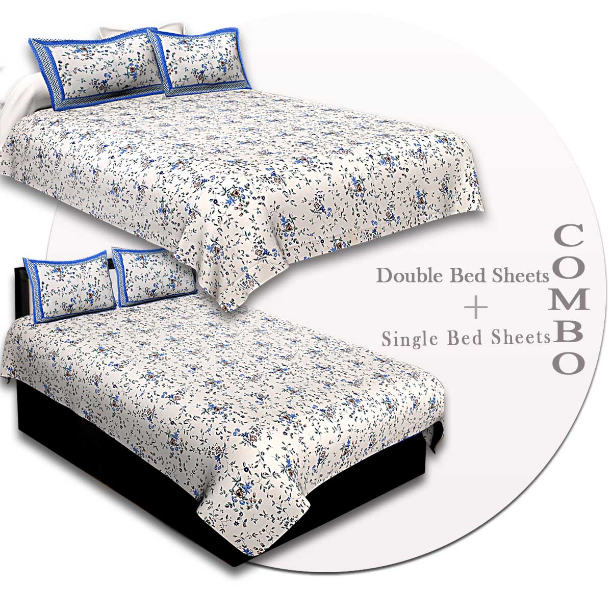 COMBO89- Set of 1 Double Bedsheet and  1 Single Bedsheet With  2+2 Pillow Cover