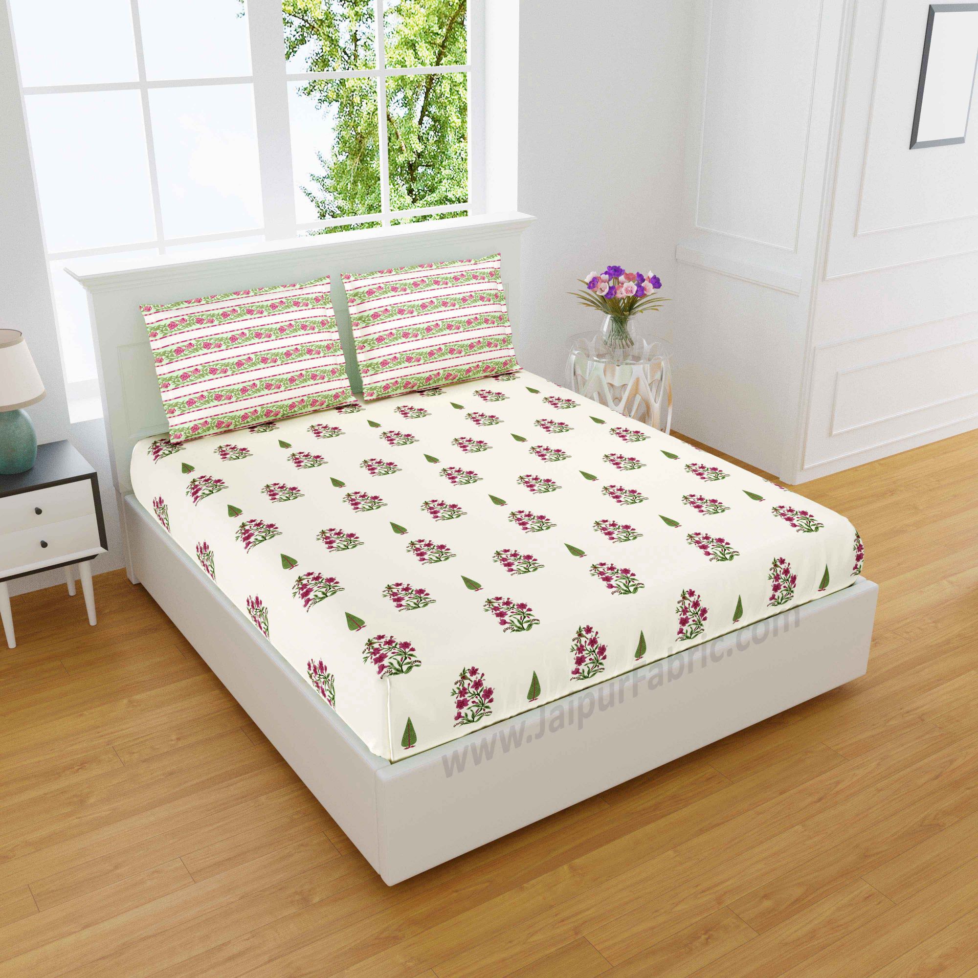 Cherry Green Boota Block Print Pure Cotton King Size Double BedSheet