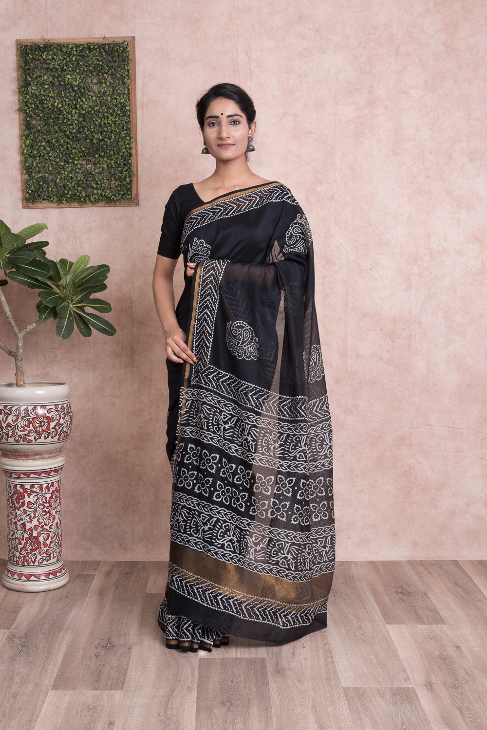 Hand Block Printed Chanderi Silk Saree with Unstitched Blouse - Black