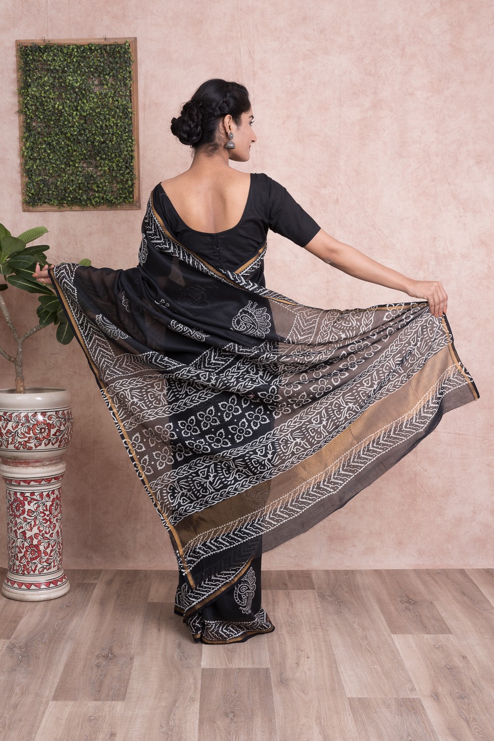 Hand Block Printed Chanderi Silk Saree with Unstitched Blouse - Black