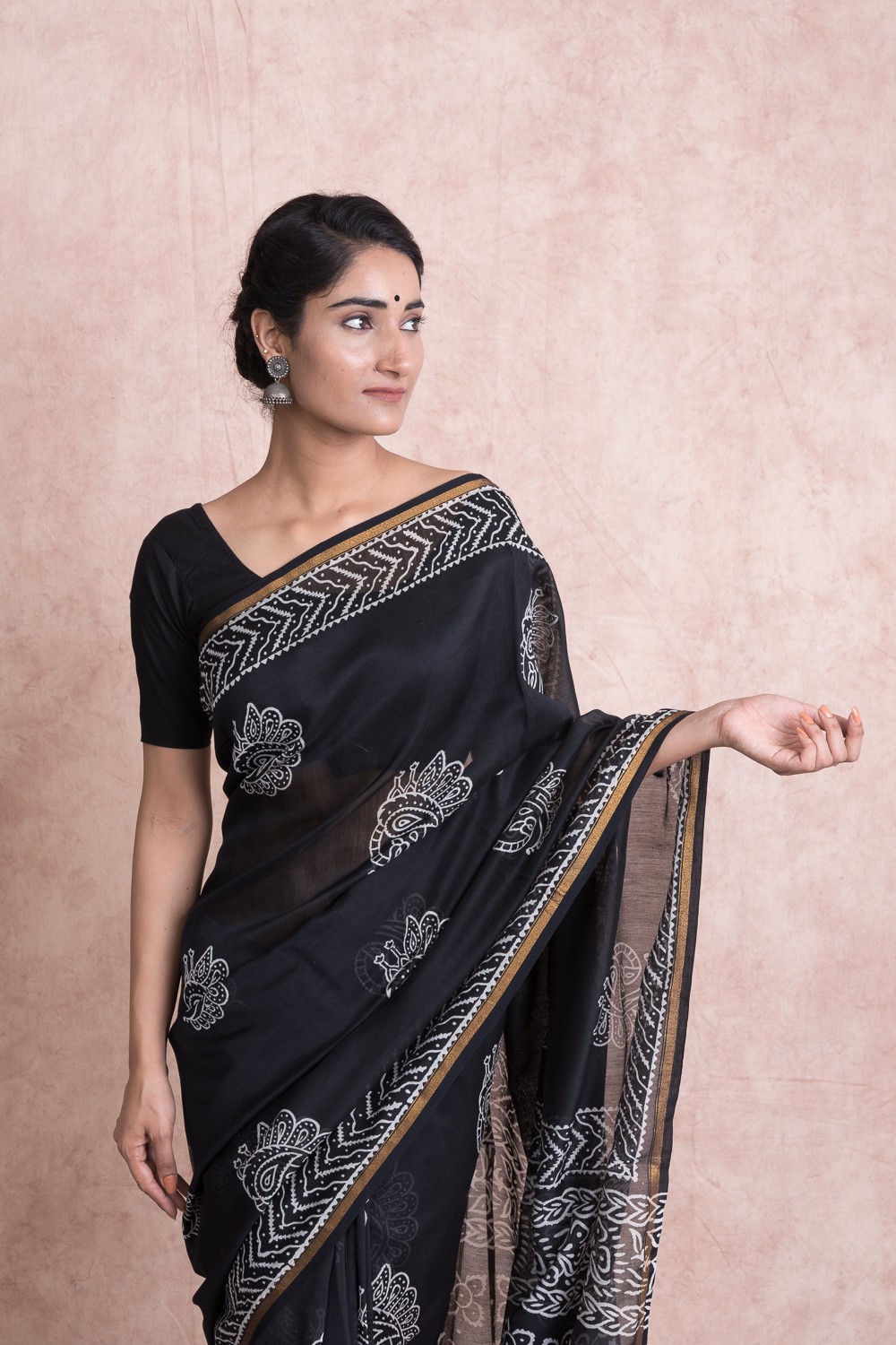 Hand Block Printed Chanderi Silk Saree with Unstitched Blouse - Black