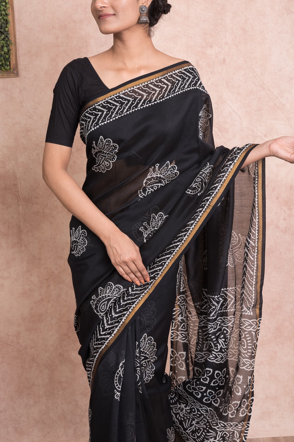 Hand Block Printed Chanderi Silk Saree with Unstitched Blouse - Black