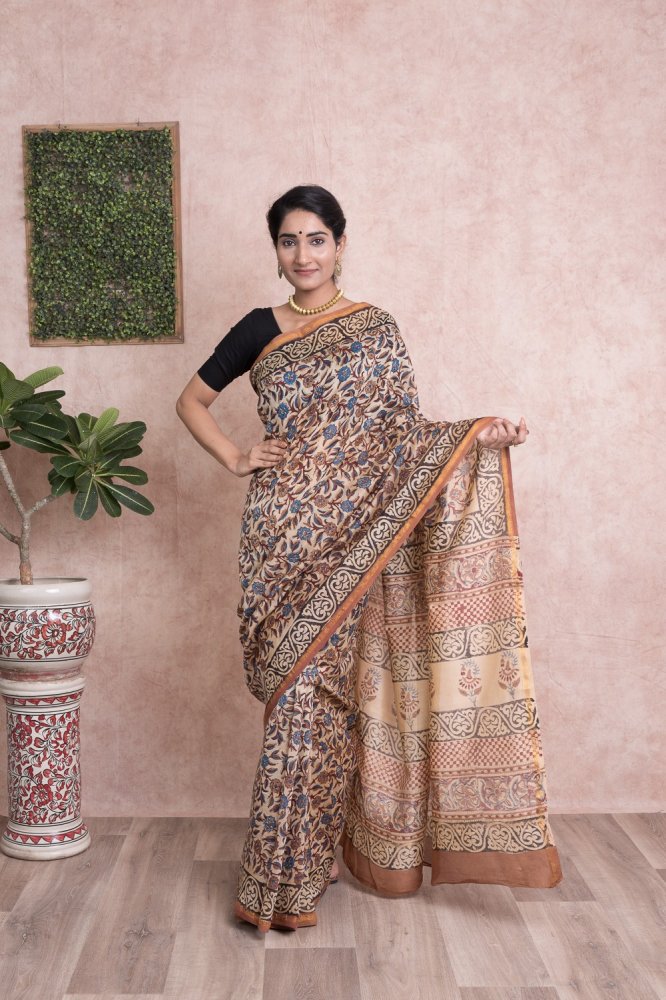 Bagru Print Kalamkari Pattern Chanderi Silk Saree with Unstitched Blouse - Beige