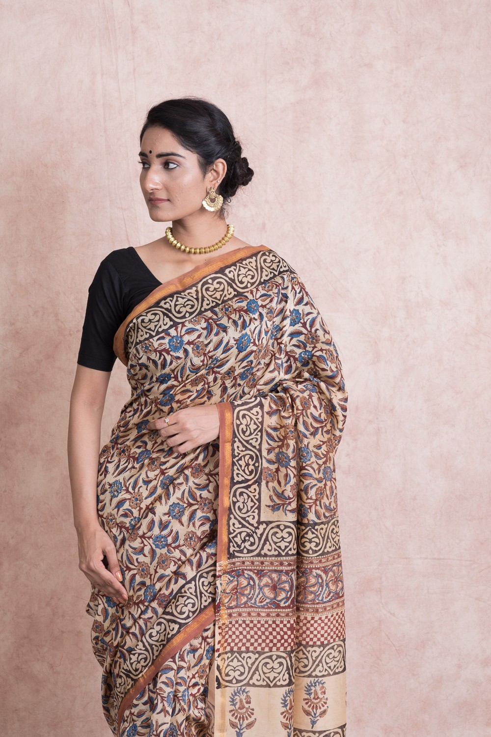 Bagru Print Kalamkari Pattern Chanderi Silk Saree with Unstitched Blouse - Beige