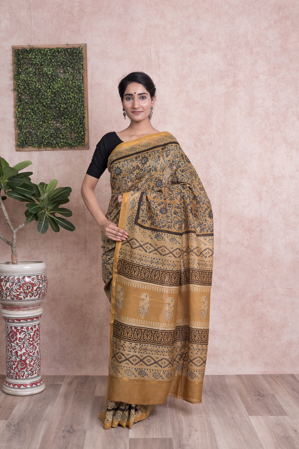 Women Ajrak Print Kalamkari Chanderi Silk Saree with Unstitched Blouse - Yellow