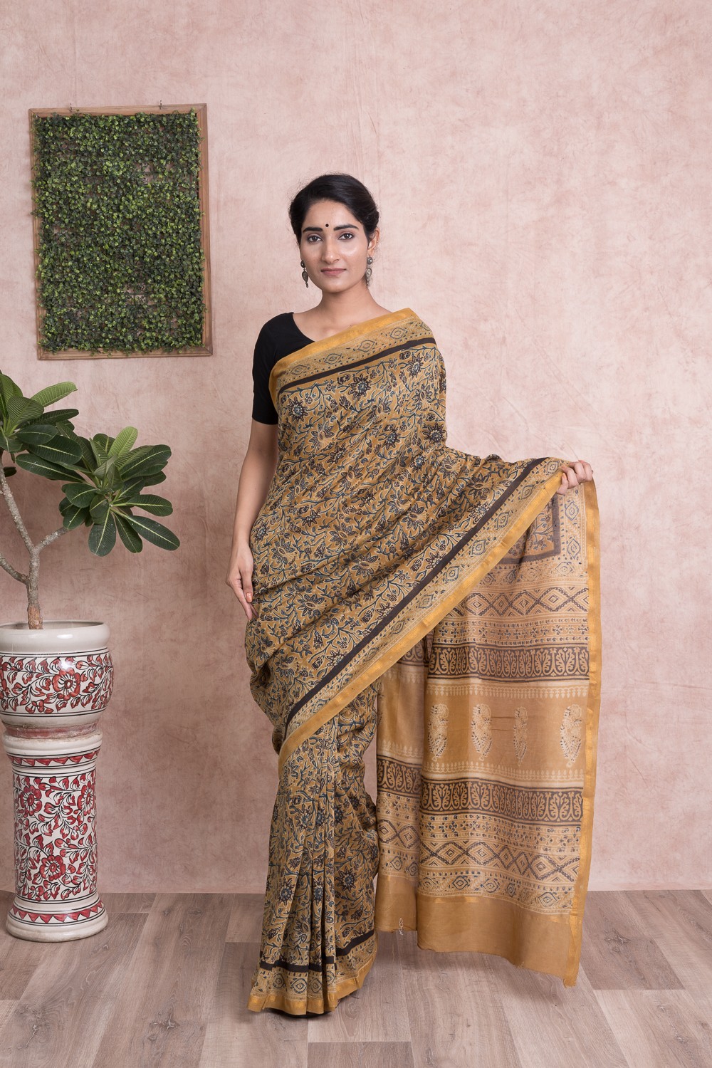 Women Ajrak Print Kalamkari Chanderi Silk Saree with Unstitched Blouse - Yellow