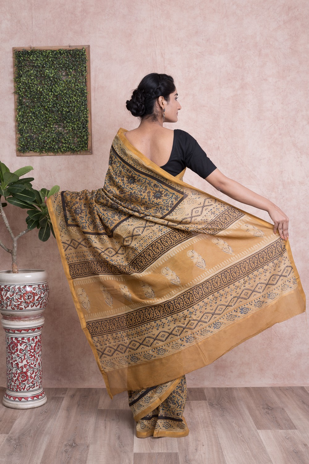 Women Ajrak Print Kalamkari Chanderi Silk Saree with Unstitched Blouse - Yellow