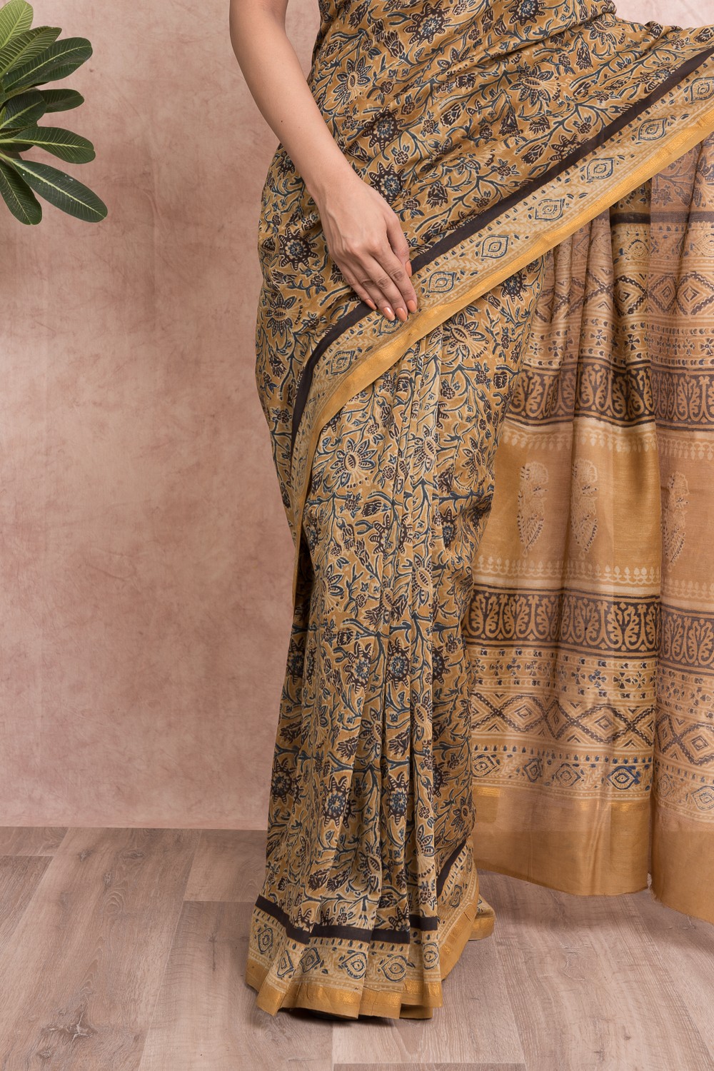 Women Ajrak Print Kalamkari Chanderi Silk Saree with Unstitched Blouse - Yellow