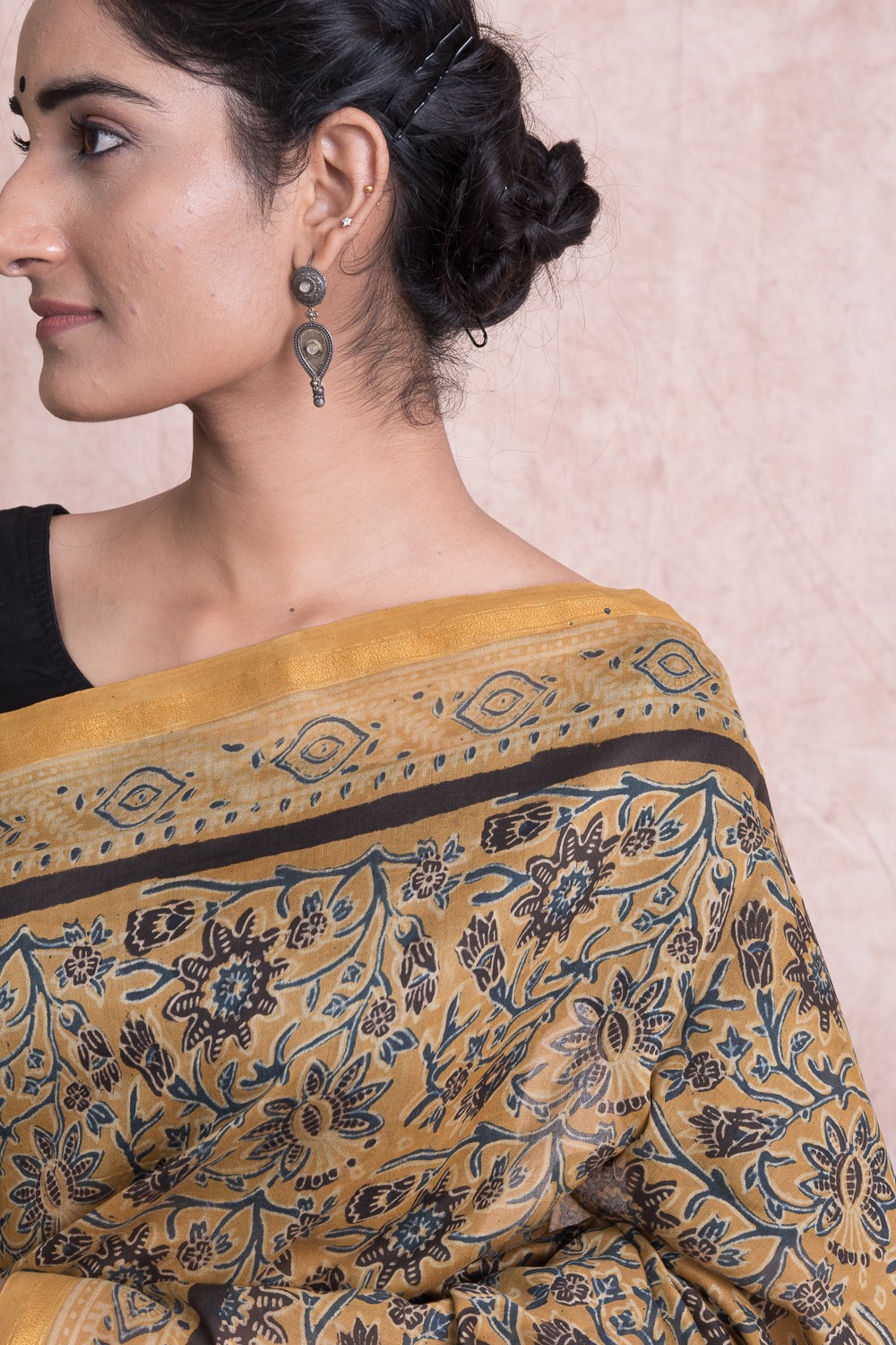 Women Ajrak Print Kalamkari Chanderi Silk Saree with Unstitched Blouse - Yellow