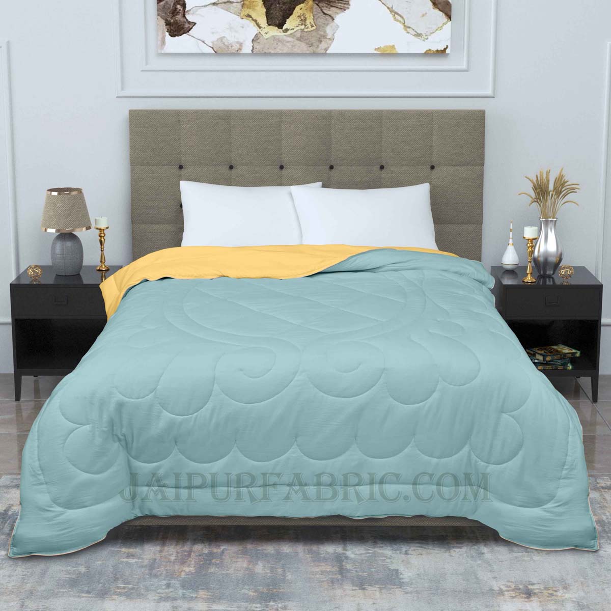 Ultra Soft Fluffy Reversible Yellow Blue Dual Tone Pure Cotton Cover Premium Micro Fibre Filling Double Bed Comforter