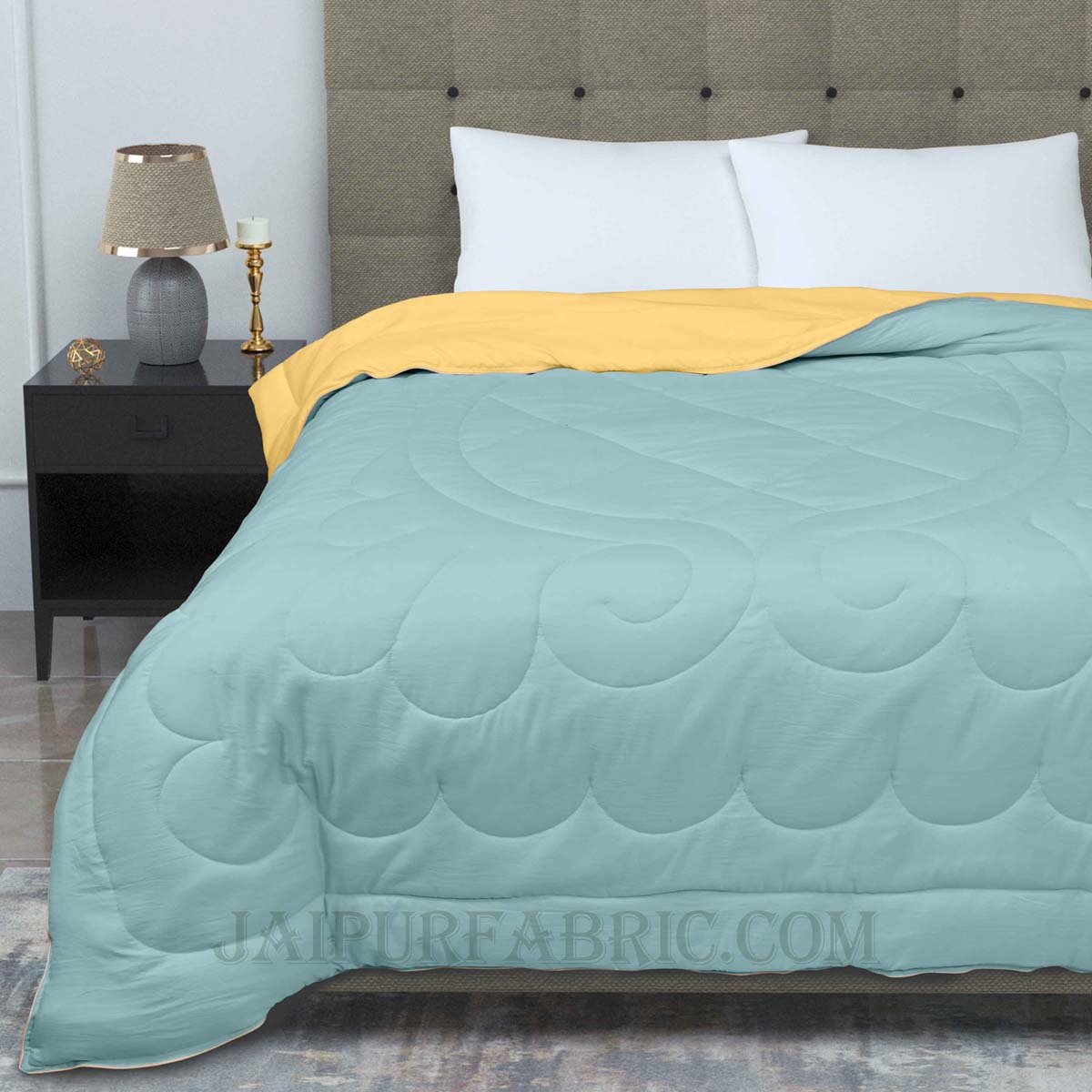 Ultra Soft Fluffy Reversible Yellow Blue Dual Tone Pure Cotton Cover Premium Micro Fibre Filling Double Bed Comforter