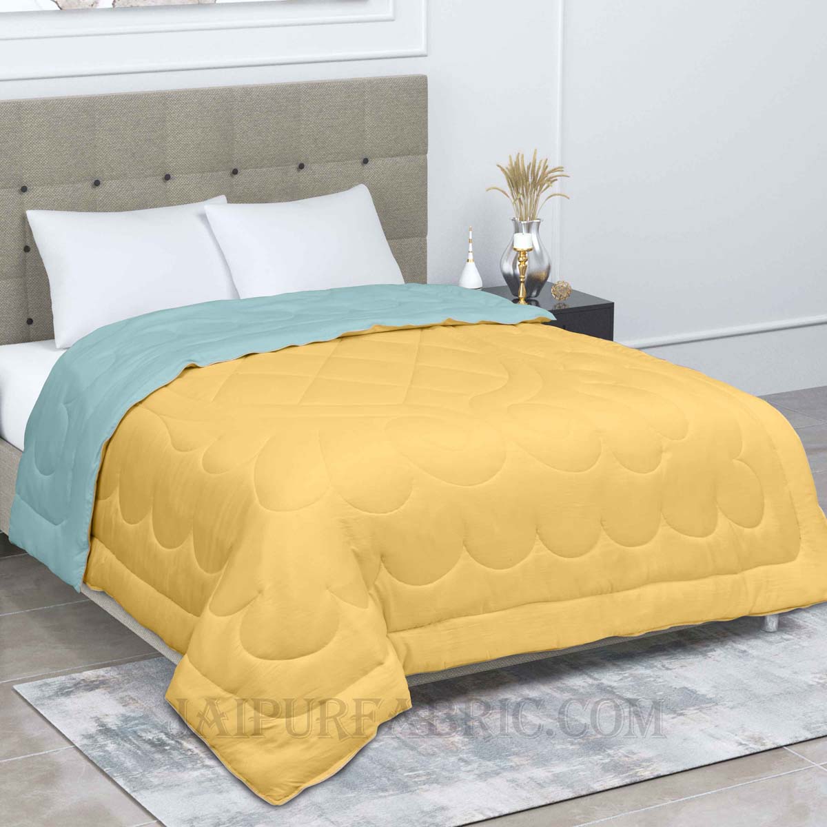 Ultra Soft Fluffy Reversible Yellow Blue Dual Tone Pure Cotton Cover Premium Micro Fibre Filling Double Bed Comforter