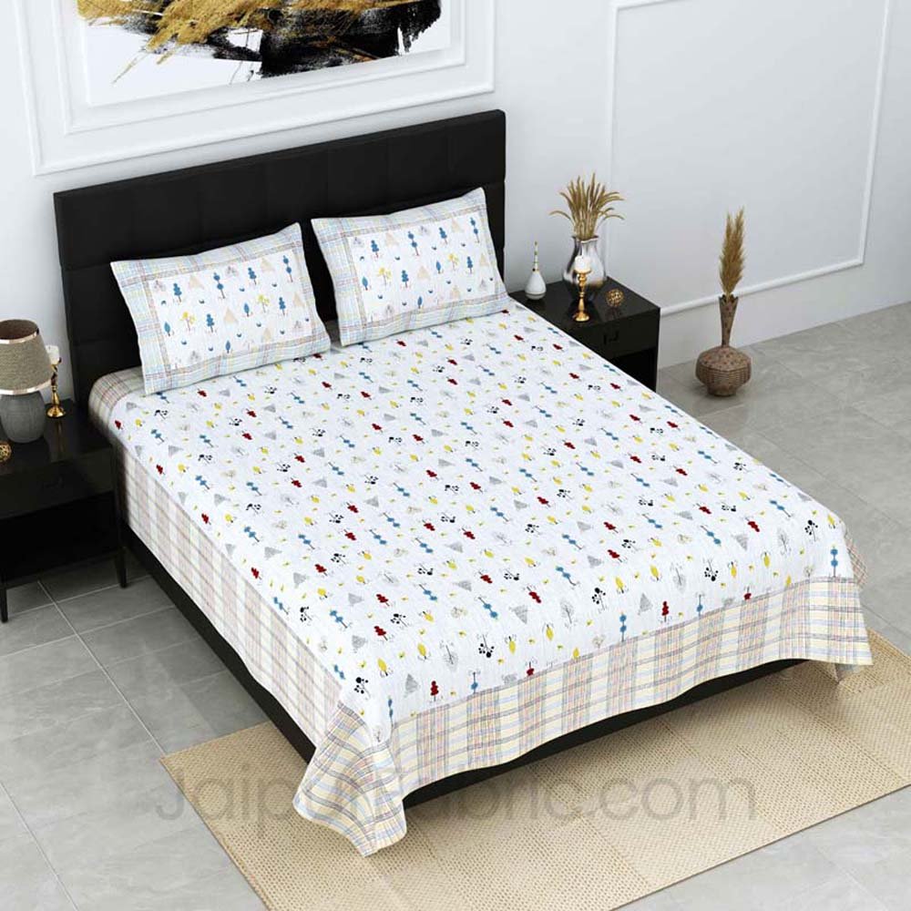 Verdure Print Blue Pure Cotton Double Bedsheet