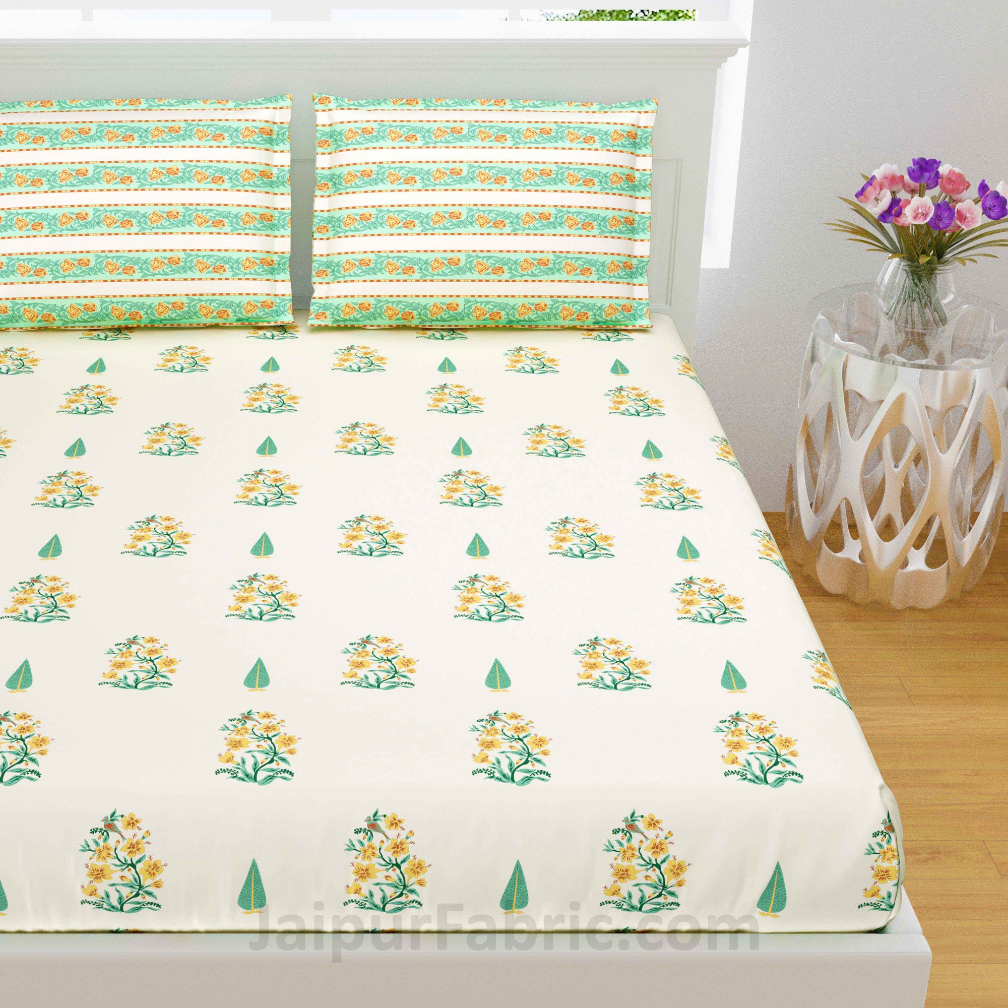 Yellow Pastel Boota Block Print Pure Cotton King Size Double BedSheet