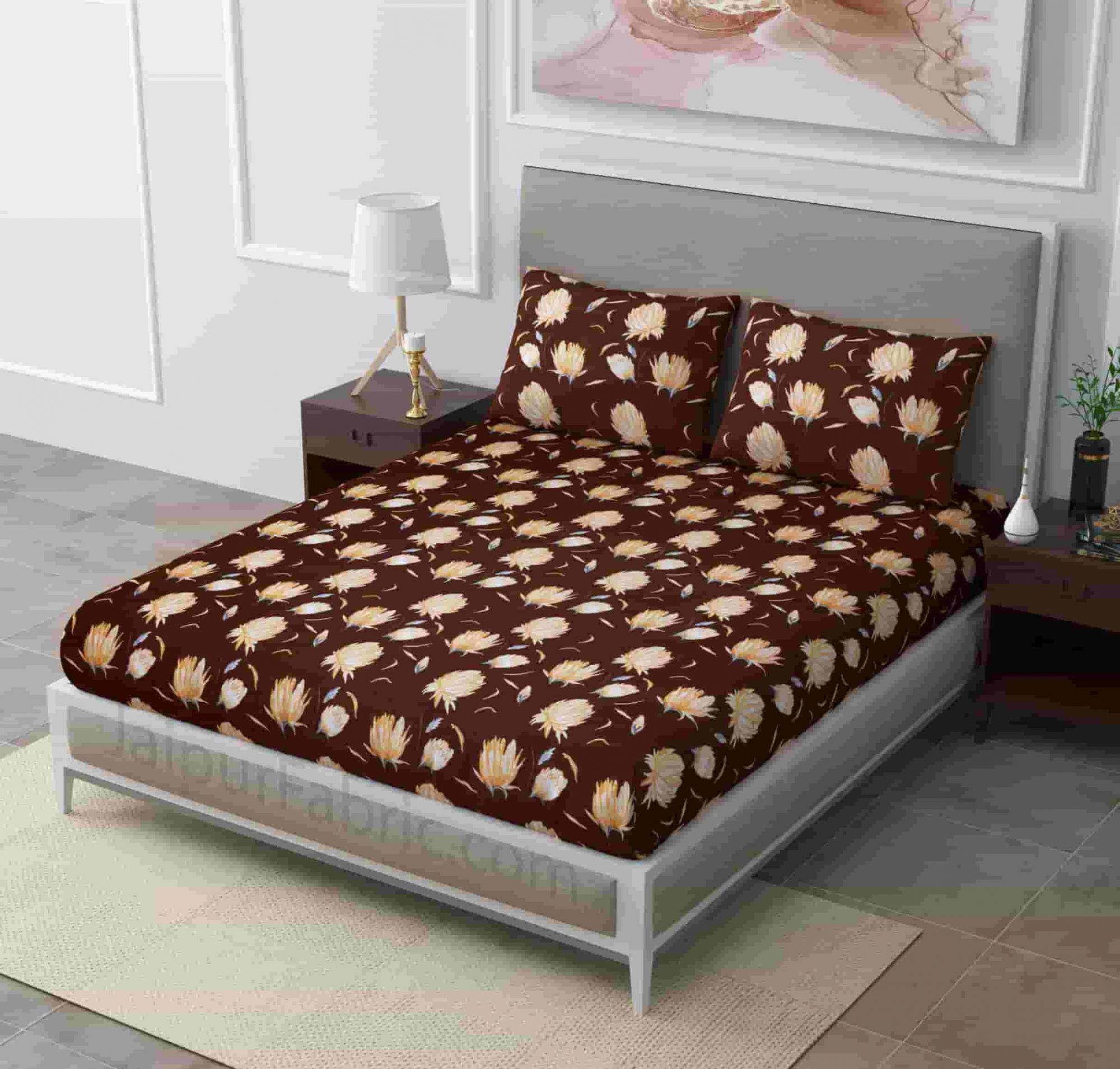 Chocolate Brown Lotus Floral Super Soft Double Bedsheet