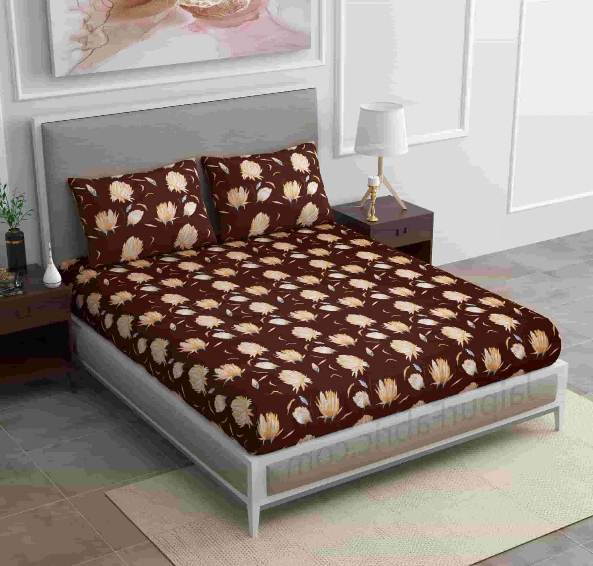 Chocolate Brown Lotus Floral Super Soft Double Bedsheet