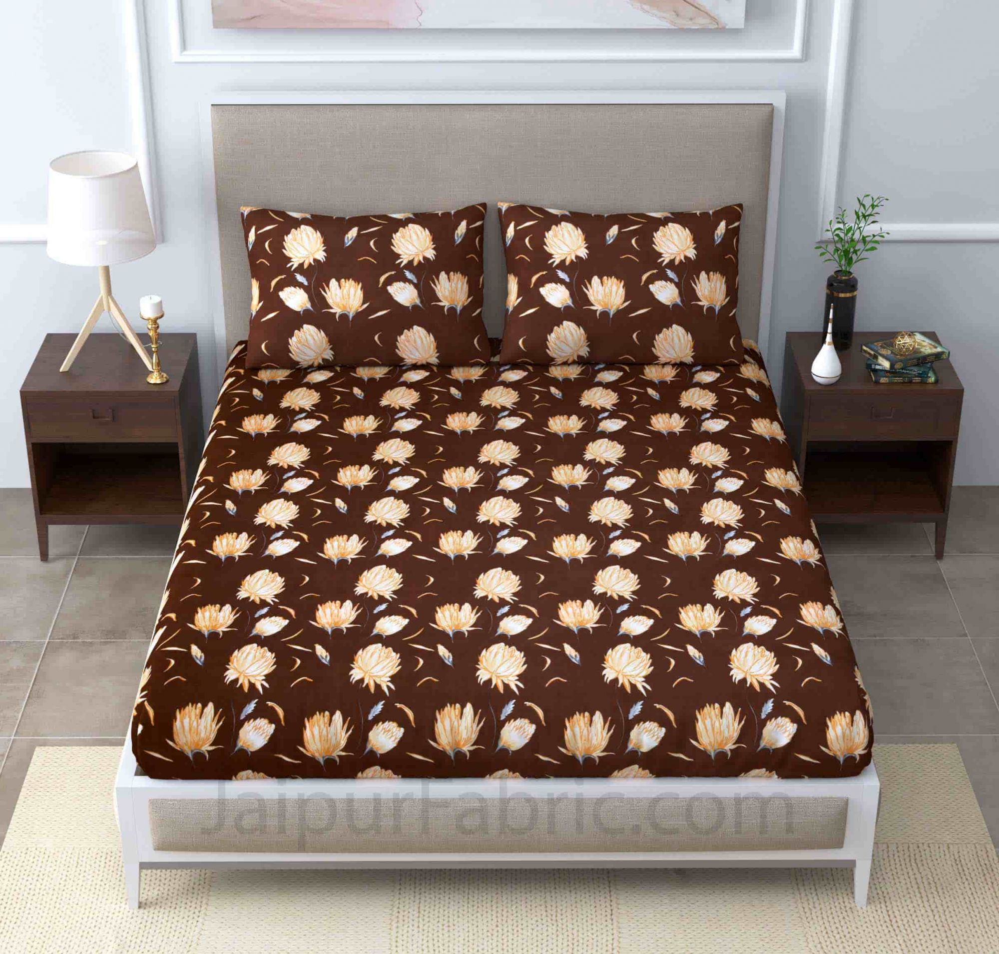 Chocolate Brown Lotus Floral Super Soft Double Bedsheet