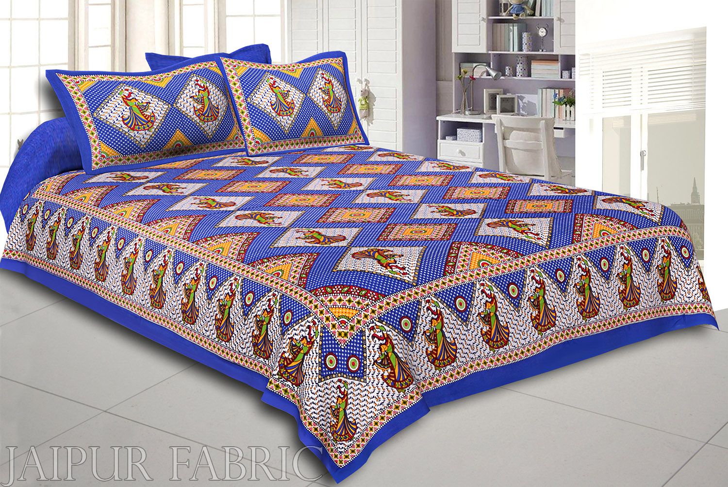 Blue Base jaipur Folk dance Design Double Bedsheet With Pillow Covers