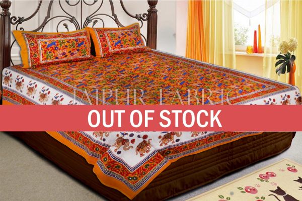 Orange Base Jaipur Handmade animal block  print bedsheet With pillow Covers