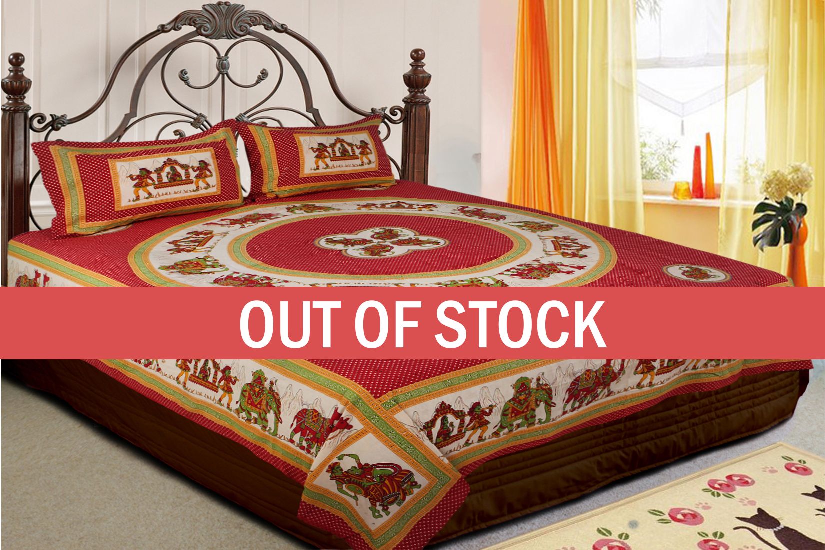 Red Base Rajasthani Doli Hand Block Print And Folk Dance Design Double Bed Sheet with Pillows Cover