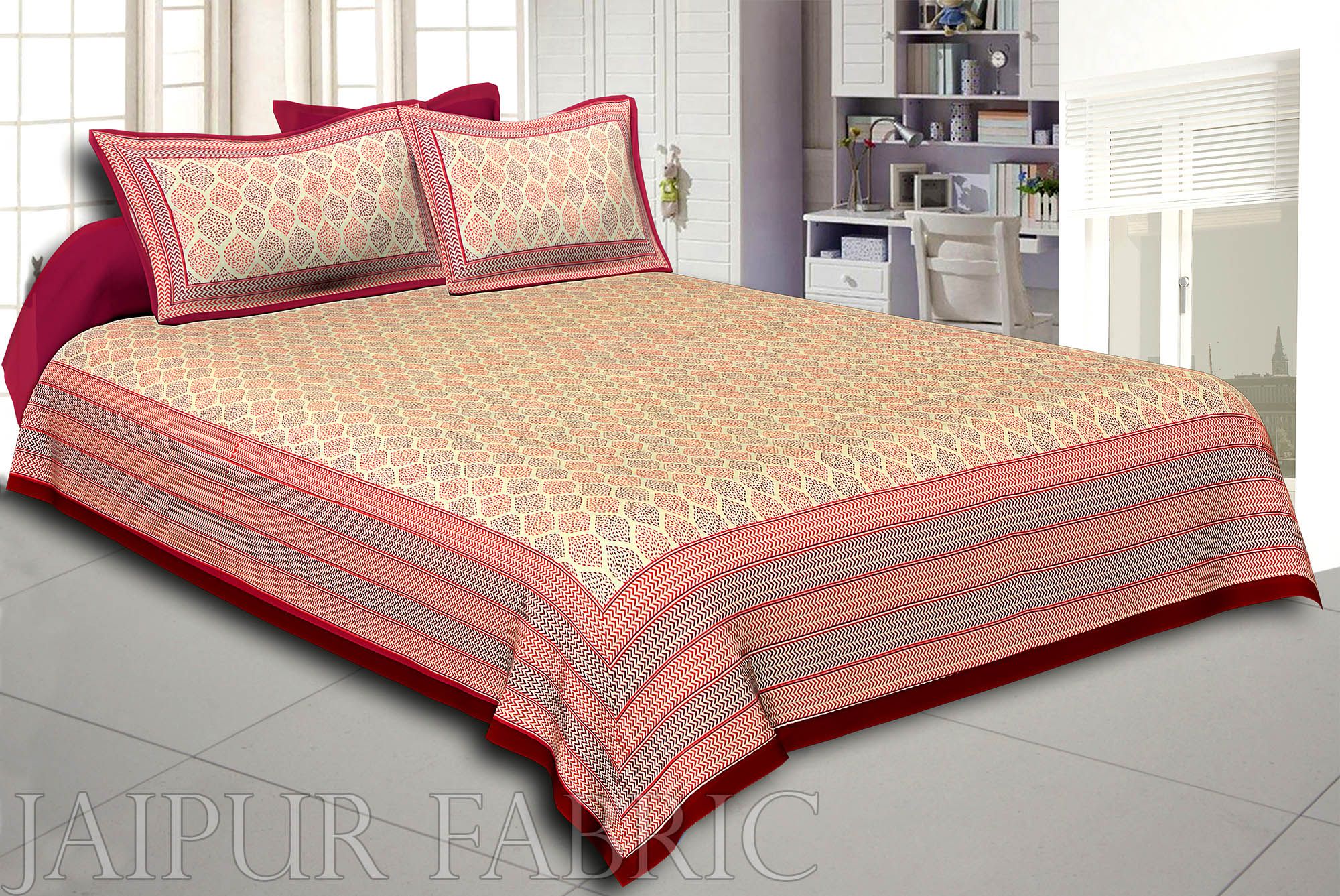 Dark Brown Border Cream Base Leaf Pigment Cotton Satin Hand Block King Size Double Bedsheet