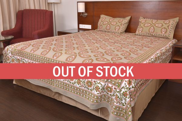 Olive Color Jaipuri Paan Patti Print Double Bed Sheet