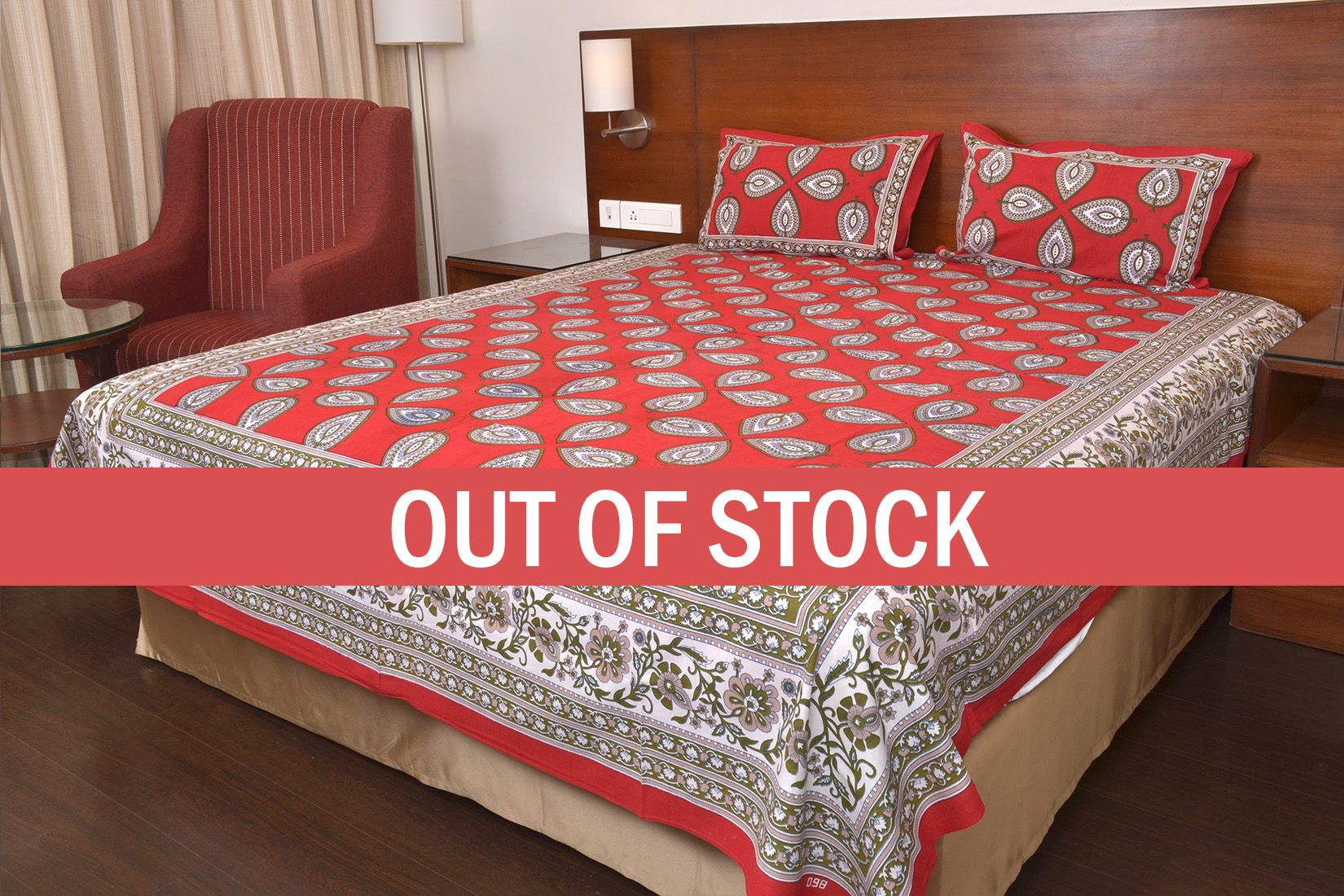 Red Color Jaipuri Paan Patti Print Double Bed Sheet