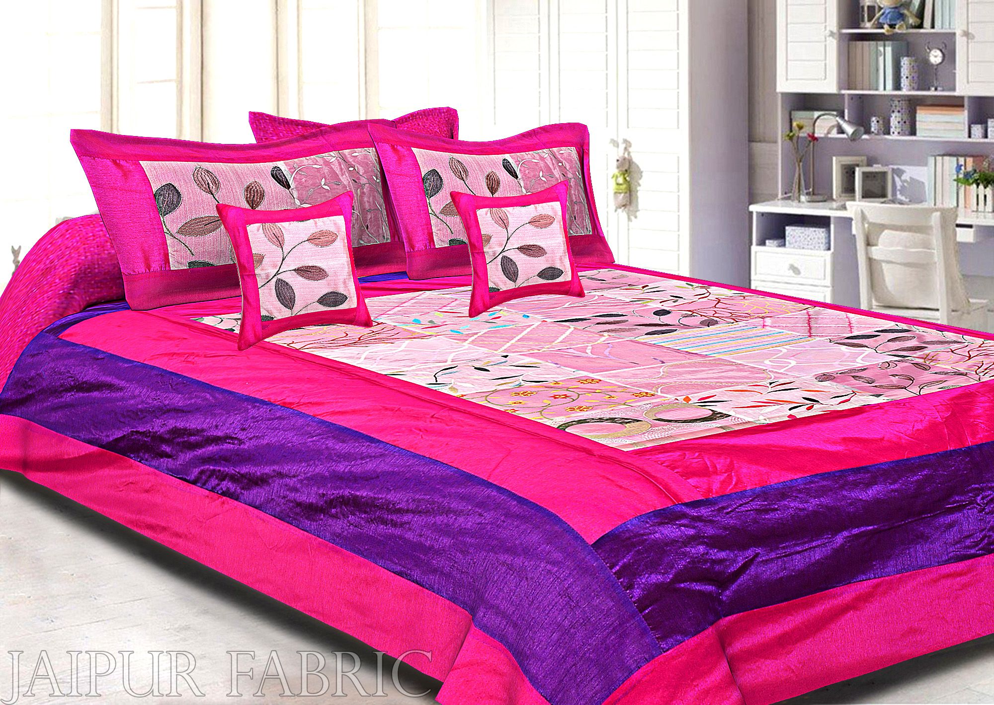 Magenta And Purple Border Pink  Tisue Tukdi With Embroidery Silk Double Bedsheet